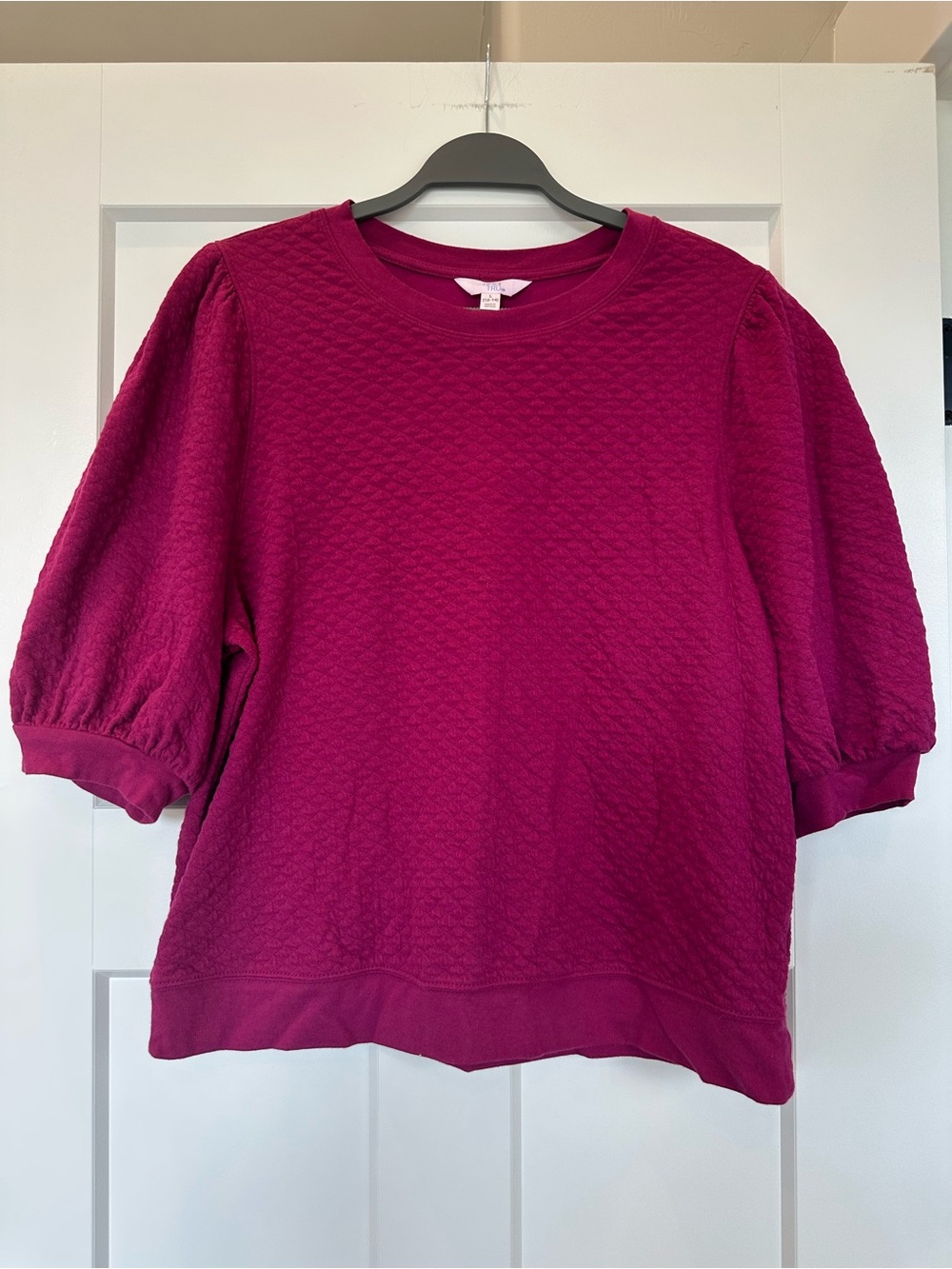 Time and Tru Magenta Puff Sleeve Textured Short Sleeve Top